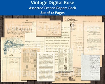 Vintage Assorted Digital French Papers Pack Set of 12 Antique Papers Ephemera Art Junk Journal PNG JPG Formatos