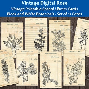 Vintage imprimible escuela biblioteca tarjetas negro y blanco flores botánicas Floral Digital Collage hoja JPG formato conjunto de 12 tarjetas