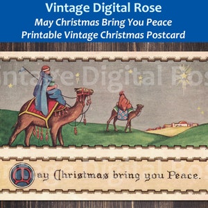 Postal de Navidad imprimible vintage Hombres sabios que se acercan a Belén en camellos Puede que la Navidad te traiga paz