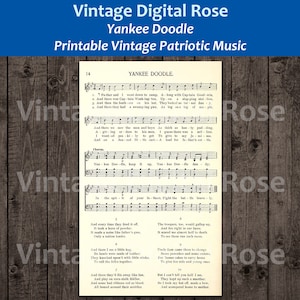 May include: A vintage sheet music page with the lyrics and musical notes for the song "Yankee Doodle". The sheet music is printed in black ink on white paper and has a vintage aesthetic.