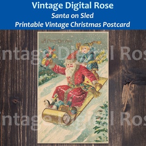 Vintage Stampabile Cartolina di Natale digitale Babbo Natale in sella a una slitta con un elfo e giocattoli Neve Scena Colore Illustrazione delle vacanze