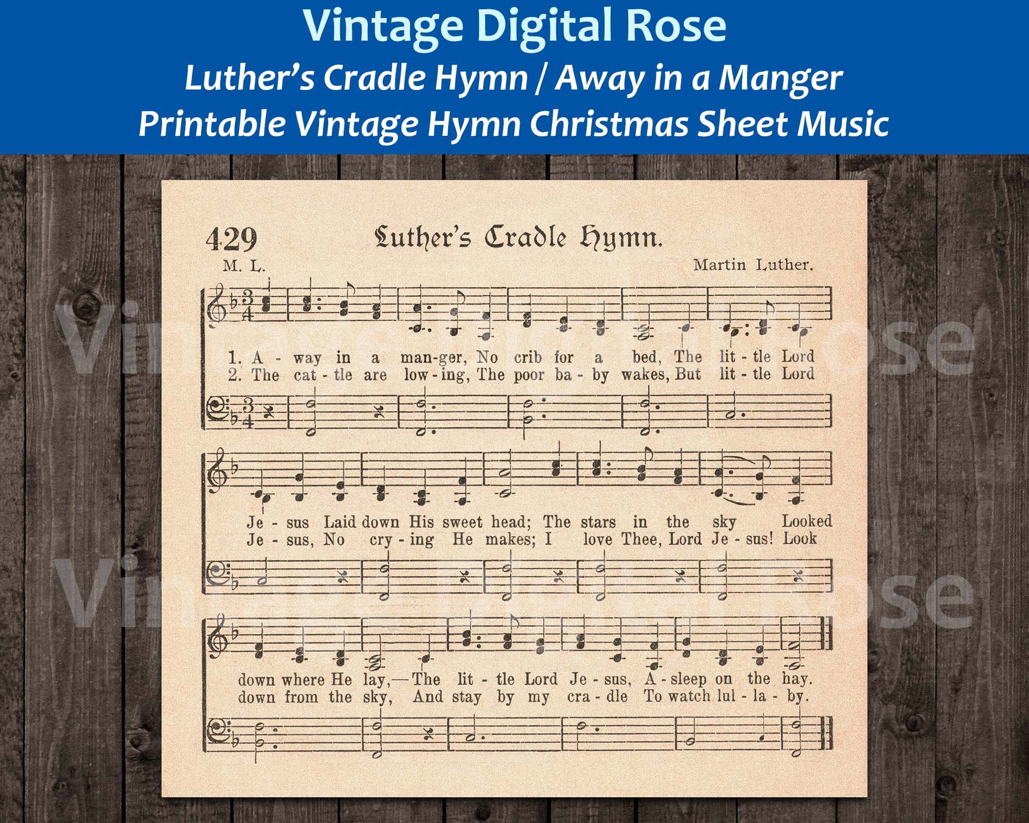 Luther's Cradle Hymn Away in a Manger Printable Vintage Christmas Hymn  Carol Sheet Music - Etsy Finland, image size:2000x1600