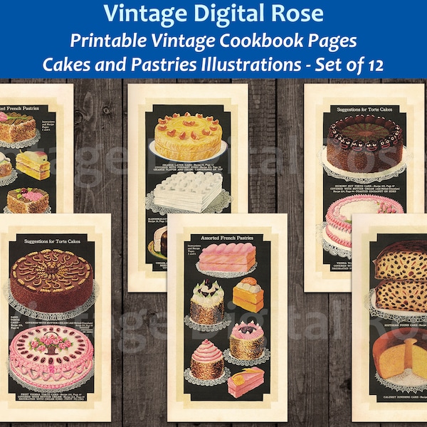 12 Vintage Dessert Illustration Pages From 1920s Cookbook Full Color Images Kitchen Home Decor Ephemera