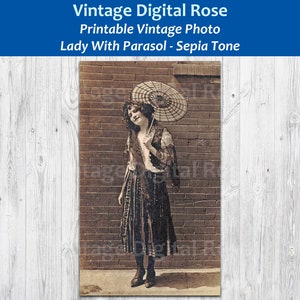 Vintage Sepia Tone Photo Lady Woman With Parasol Printable 5x7 8x10 Wall Art Prints