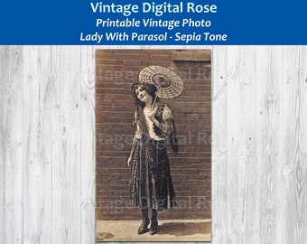 Vintage Sepia Tone Photo Lady Woman With Parasol Printable 5x7 8x10 Wall Art Prints