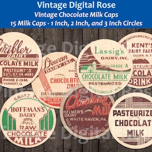 Afdrukbare Vintage chocolademelkdoppen - Set van 15 melkdoppen - 1&quot; Inch 2&quot; Inch 3&quot; Inch Diameter Maten Digitale Collagebladen JPG PDF-formaat