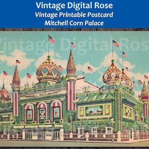 Puede incluir: Postal vintage con una ilustración colorida del Mitchell Corn Palace, un edificio con un estilo arquitectónico único, que presenta múltiples torres y cúpulas. El edificio está decorado con detalles intrincados y colores vibrantes, incluyendo verde, rojo y amarillo.