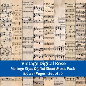 Vintage Style Sheet Music Digital Pages - 10 8.5x11 Printable Antiqued Old Sheet Music Papers