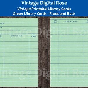 Vintage afdrukbare groene bibliotheekkaart voor en achter digitale collage blad JPG-formaat