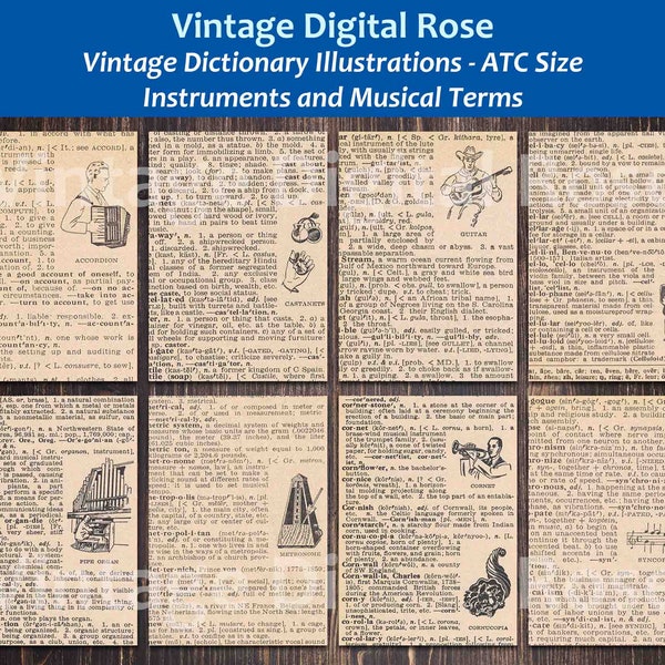 Vintage Printable Dictionary Page Illustrations Musical Instruments and Musical Terms ATC Size