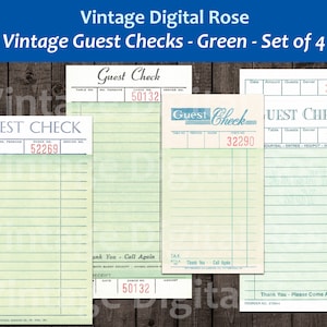 Vintage afdrukbare gastcheques groene blanco ongebruikte ontvangstbewijzen Set van 4 bleke lichtgroene digitale collageblad JPG-formaat Vintage Ephemera