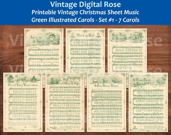 Imprimible Vintage Christmas Carols Green Illustration Best Sellers Top Christmas Songs Set de 7 - Set #1