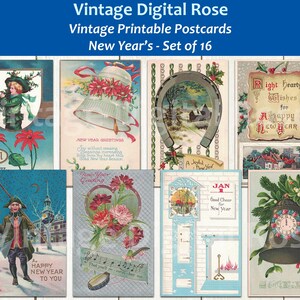 Vintage De Año Nuevo Imprimible Postales Ilustraciones de Vacaciones Conjunto de 16