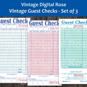 Vintage druckbare Gästeschecks leere unbenutzte Quittungen 3er-Set Drei rosa blasses Meergrün Digital Collage Sheet JPG Format Vintage Ephemera