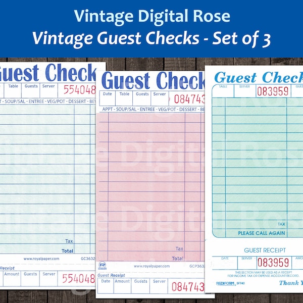 Vintage Printable Guest Checks Blank Unused Receipts Set of 3 Three Pink Pale Sea Green Digital Collage Sheet JPG Format Vintage Ephemera