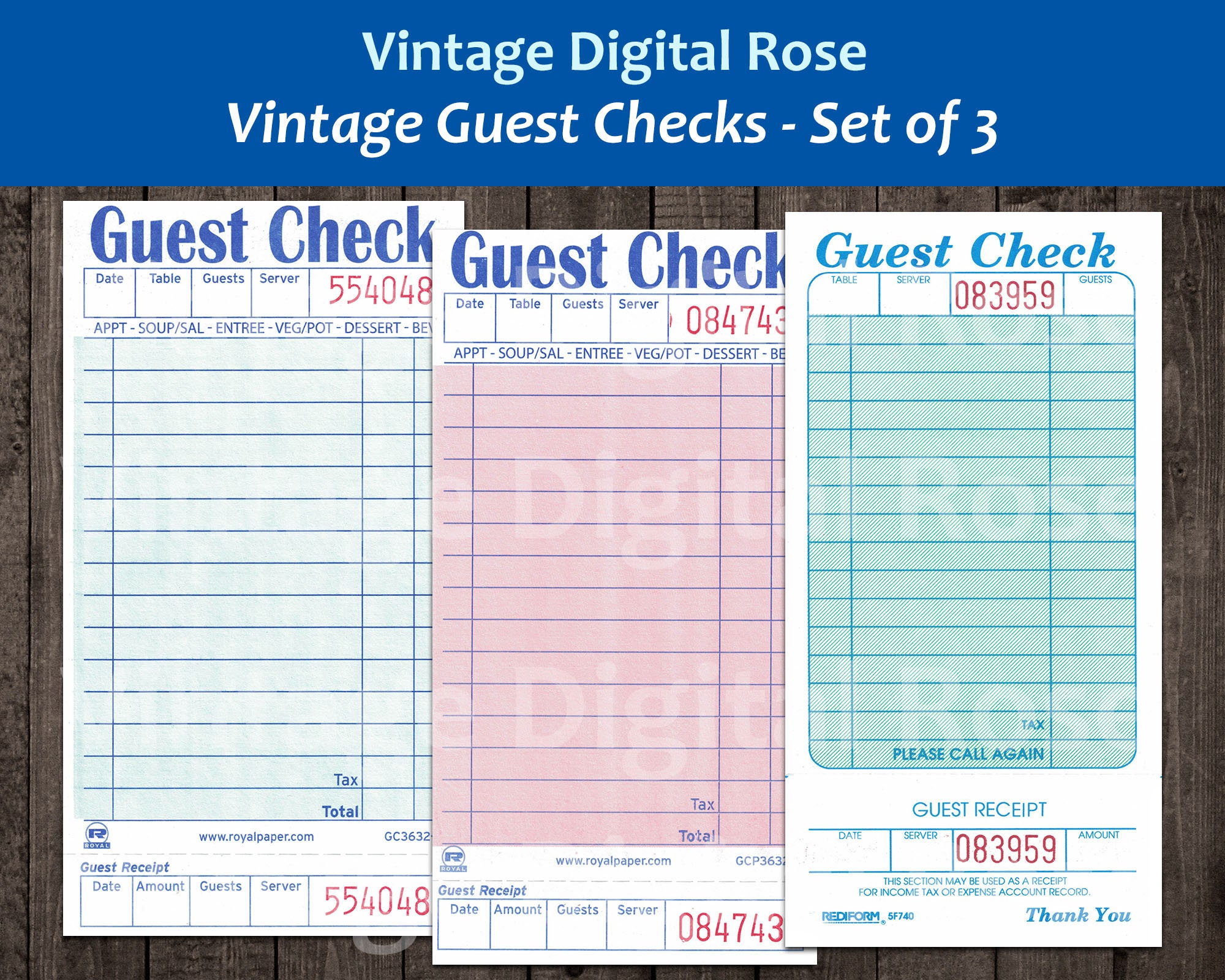 Vintage Printable Guest Checks Blank Unused Receipts Set of 3 Three Pink Pale Sea Green Digital Collage Sheet JPG Format Vintage Ephemera