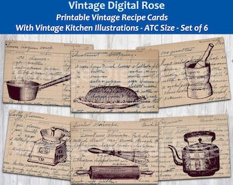 Recetas vintage manuscritas con ilustraciones de cocina vintage imprimibles ATC tamaño tarjetas conjunto de 6 tarjetas
