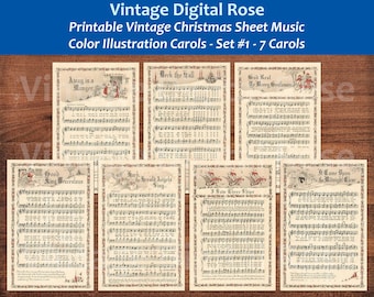 Villancicos navideños vintage imprimibles Ilustraciones en color Los más vendidos Mejores canciones navideñas Conjunto de 7 - Conjunto #1