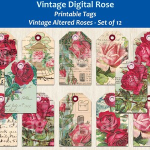 Journal Tags - Vintage Red Pink Roses Floral Illustrations Altered Ephemera Printable Digital Tags Set of 12 Tags