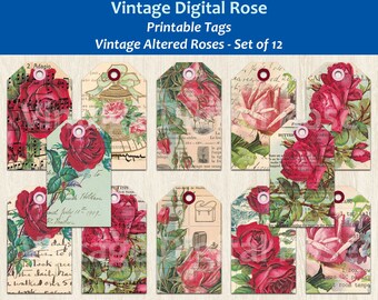 Journal Tags - Vintage Red Pink Roses Floral Illustrations Altered Ephemera Printable Digital Tags Set of 12 Tags