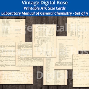 vintage Laboratoire de chimie générale Pages de manuel Science Notes manuscrites Référence ATC Taille Journal Scrapbook Cartes Ensemble de 9 cartes