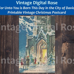 Vintage Imprimible Digital Postal de Navidad Escena de la Iglesia Nevada Para Ti Ha Nacido Lucas 2:11 Ilustración navideña en color