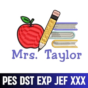 Teacher Name Embroidery Design, Pencil School Machine Embroidery File, Teacher Gift Embroidery Pattern, PES DST EXP jef