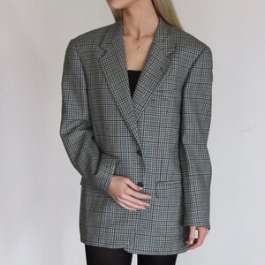 Vinatge lana azul claro comprobar patrón Blazer, 90s unisex mujeres hombres blazer, lana vintage gris azul blazer M L tamaño