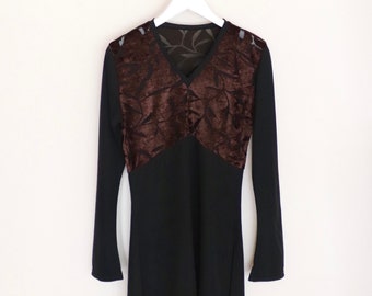 Vintage floral brown velvet top blouse in black, 90s long sleeve blouse S M size with side split lightweight
