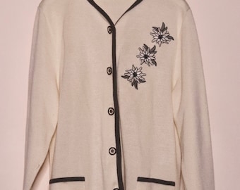Vintage Cream White Cardigan with Floral Details, 90s White Flower Embroidery Cardigan Long Sleeves Button Closure