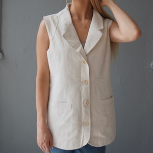 Vintage Light Linen Vest, Beige Women L size Vest, 90s Vest Linen Top With Buttons