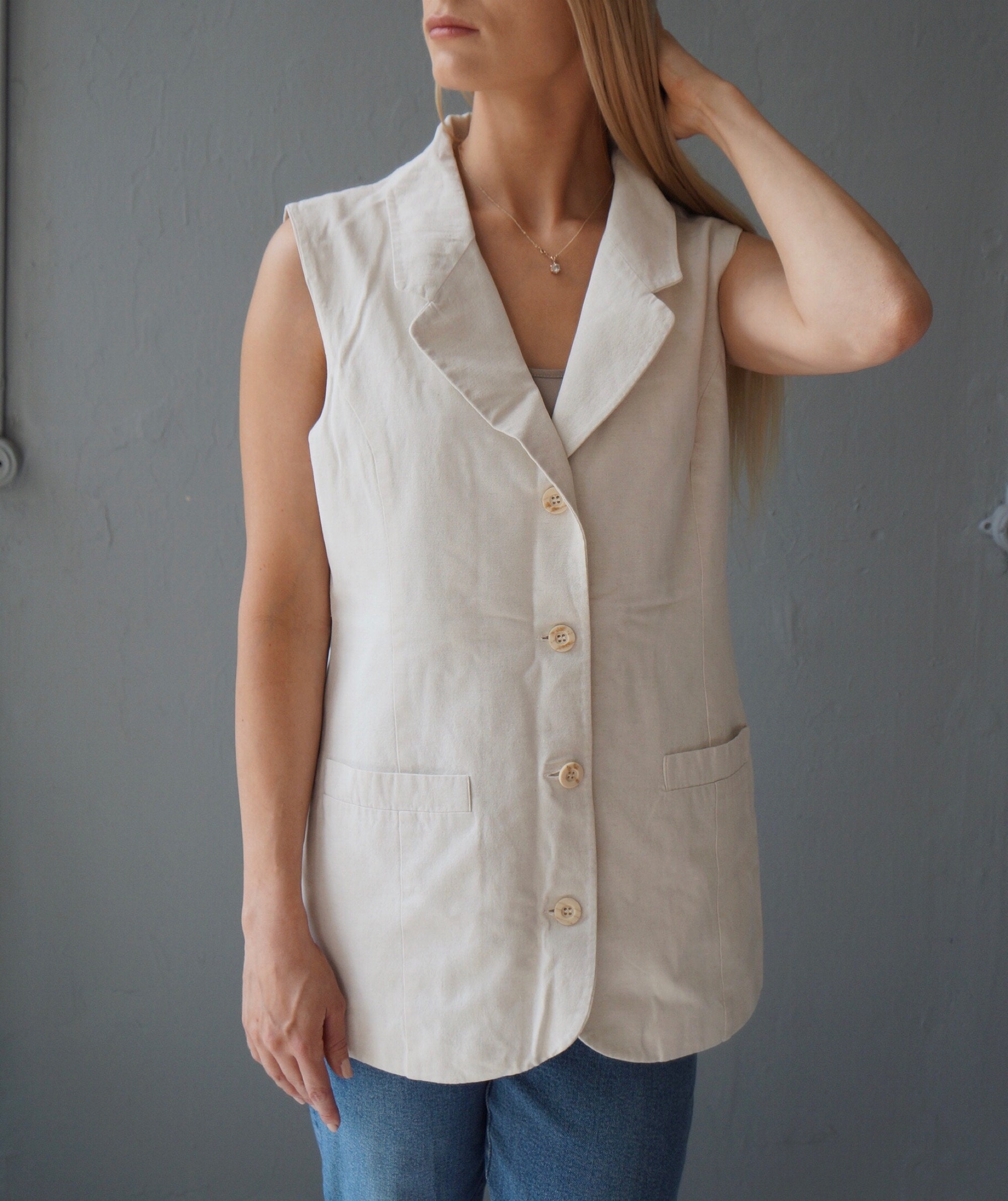 Vintage Light Linen Vest, Beige Women L Size Vest, 90s Vest Linen 