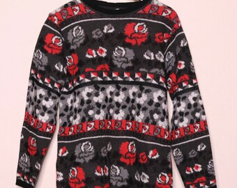 Vintage Red and Black Rose Sweater, 90s Floral Pattern Sweater Wool, Womens M size