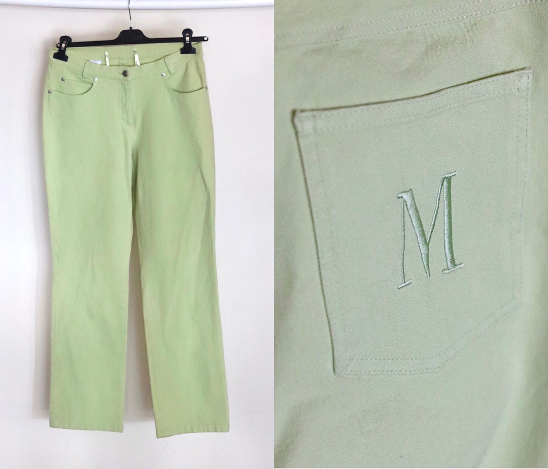 Vintage Light Green Denim Straight Jeans, Green Lime Denim Pants