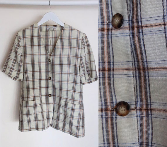Vintage Beige Check Pattern Shirt, 90s Linen Like