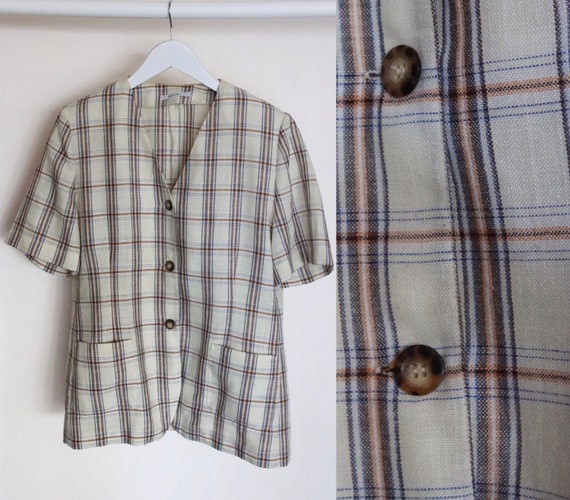 Vintage Beige Check Pattern Shirt, 90s Linen Like… - image 1