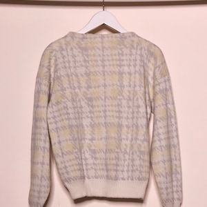 Pull vintage à carreaux blanc jaune gris, pull pour femmes des années 90 chaud à manches longues, col droit à carreaux taille S