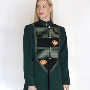 Vinatge Dark Green Blazer With Details, Dark Green Jacket With Stripes and Marbel Buttons, Womens Green Black Sriped Jacket Blazer