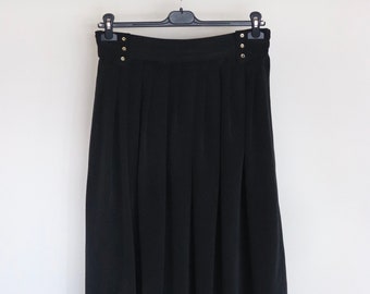 Vintage Black Midi Skirt, Black A-line skirt, 90s Mid calf skirt with golden buttons L size