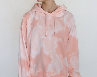Sudadera con capucha tie-dye, tie-dye rosa melocotón con lunares blancos, sudadera blanqueada con mangas largas, sudadera con capucha talla S