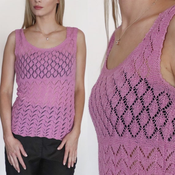 Vintage Pink crochet knitted top, 90s purple croc… - image 1