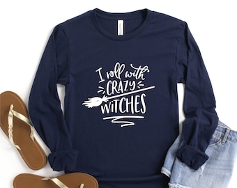 Trendy Halloween Shirts For Women Hocus Pocus Witch Broomstick Fall Shirt For Women Long Sleeve Shirt Frequent Flyer Mom Long Sleeve