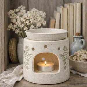 Eucalyptus design speckled Ceramic Wax burner set with handmade botanical wax melts and tea lights, Removable Dish, Natural Earthy Design