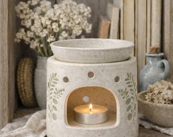 Eucalyptus design speckled Ceramic Wax burner set with handmade botanical wax melts and tea lights, Removable Dish, Natural Earthy Design