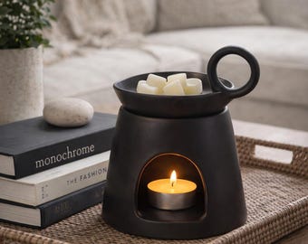 Black Ceramic Oil Wax Burner Set with handmade botanical wax melts and tea lights, Removable Dish with handle