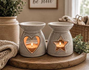 Heart & Star Ceramic Wax Melt Burner | Modern Rustic Wax Warmer | Tea Light Oil Burner | Home Fragrance Gift | Farmhouse Decor