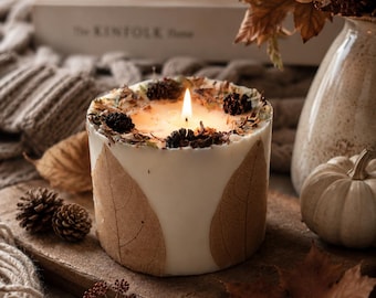 Autumn Botanical Pillar Candle with Essential Oils, Handmade Soy Wax Candle, Natural Home Fragrance, Autumn Decor, Gift, Optional Coaster