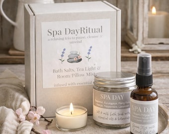 Spa Day Ritual Gift Set: Essential Oils, Bath Salts, Pillow Mist, Soy Tea Light, relaxing self care