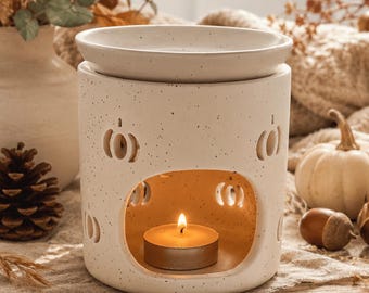 Pumpkin Cut Out Oil or Wax Melt Burner,  Cream Speckled Ceramic Burner,  Autumn Wax Warmer, Tealight Burner, Removable Dish,  Halloween Gift