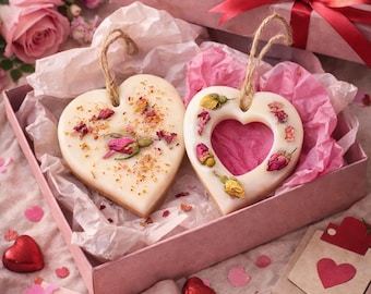 Perfect Valentine Gift or alternative card, Botanical Soy Wax Scented Hanging Decoration: fragranced with essential oils, Heart or Flower
